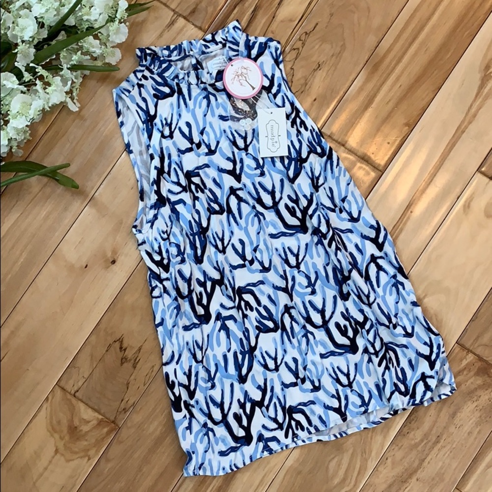 NWT Mud Pie High Ruffle Neck Blue/White Blouse